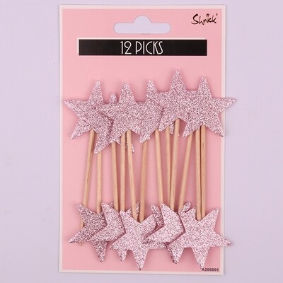 Glittered Pink Star Cupcake Picks Pk 12