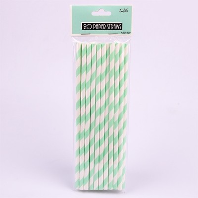 Mint Green and White Stripe Paper Straws Pk 20