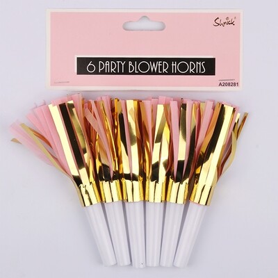 Luxe Pink & Gold Fringed Blower Horn Party Favours Pk 6