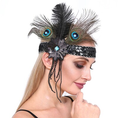 Black Sequin Flapper Headband with Peacock Feathers