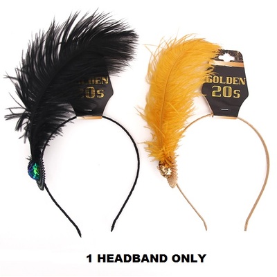 Black or Gold 1920's Flapper Headband with Feather (Pk 1)