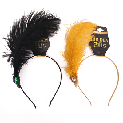 Flapper Headband with Feather Assorted Black and Gold Pk 2