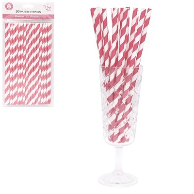 Magenta Hot Pink & White Stripe Paper Straws Pk 50