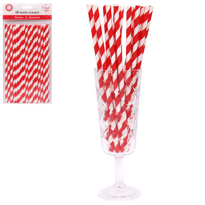 Cherry Red & White Stripe Paper Straws Pk 50