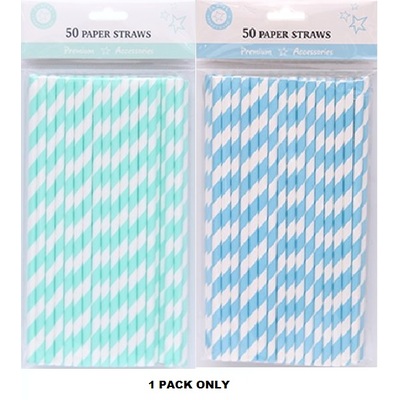 Sky Light Blue & White Stripe Paper Straws Pk 50