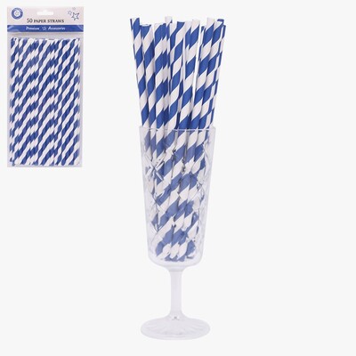 Azure Royal Blue & White Stripe Paper Straws Pk 50