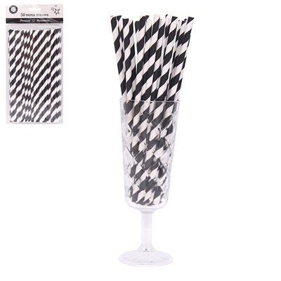 Midnight Black & White Stripe Paper Straws Pk 50