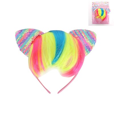 Pastel Sequin Cat Ears Headband With Rainbow Fringe