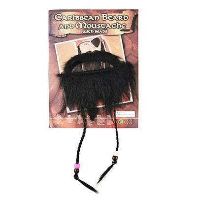 Black Caribbean Pirate Moustache & Beard with Beads Set 