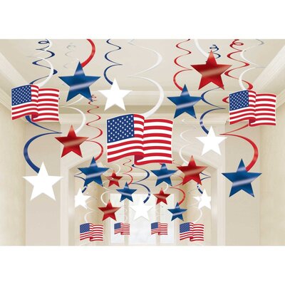 USA Stars & Stripes Hanging Swirls Decorations (Pk 30) 
