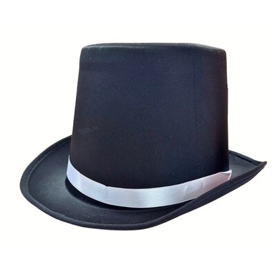 Black Satin Top Hat with White Ribbon Trim | Adult Fancy Dress Costume Hat