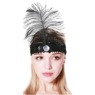 Black 1920s Flapper Sequin Feather Headband