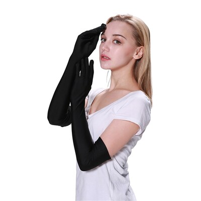 Long Black Elbow Length Satin Gloves (1 Pair)