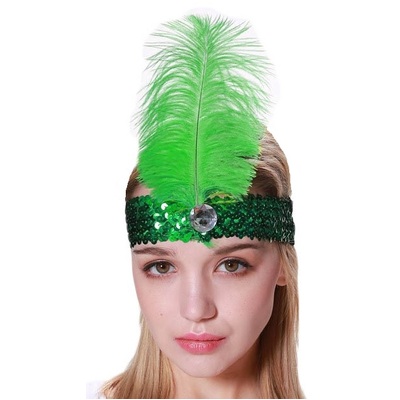 Emerald Green 1920s Flapper Headband with Feather