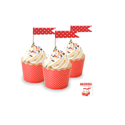 Red Cupcake Topper Flags with White Polka Dots Pk 24