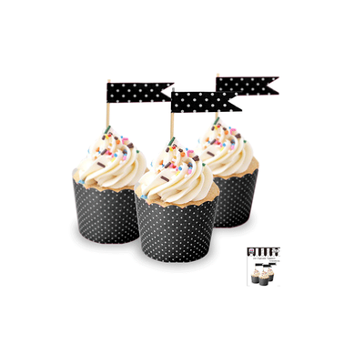 Black Cupcake Topper Flags with White Polka Dots Pk 24