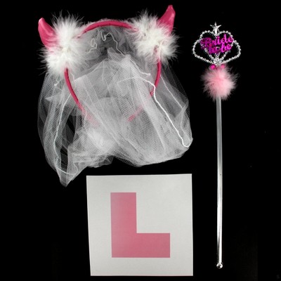 Bride to Be Set Pk 3 (Devil Horns with Veil, Wand & L Plates)