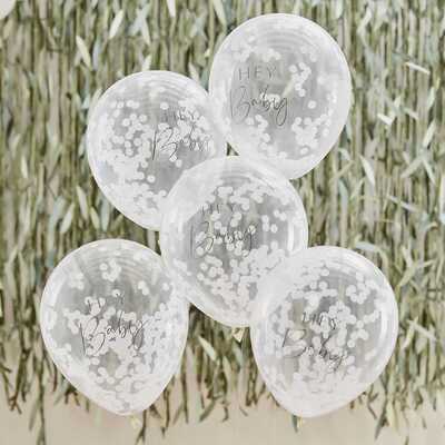 Ginger Ray Baby Shower Hey Baby White Confetti Latex Balloons 30cm (Pk 5)