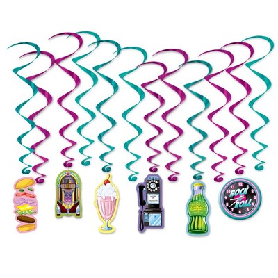 1950's Soda Shop Hanging Whirl Decorations Pk 12