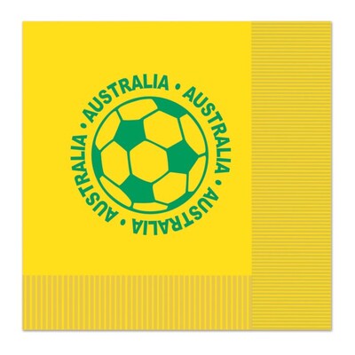 Aussie Soccer Lunch Napkins – Yellow 2 Ply with Green Soccer Ball & “Australia” Print (Pack)