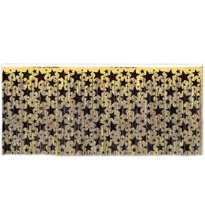 Metallic Gold Foil Fringed Table Skirt with Black Star Print (76cm x 4.3m) Pk 1