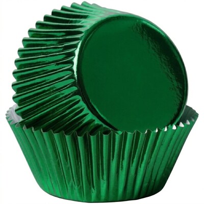 Bakette Green Foil Baking Cups Large 50 Pack 50mm Base 30mm Height Greaseproof Cupcake Liners Oven Safe Christmas Muffin Cases