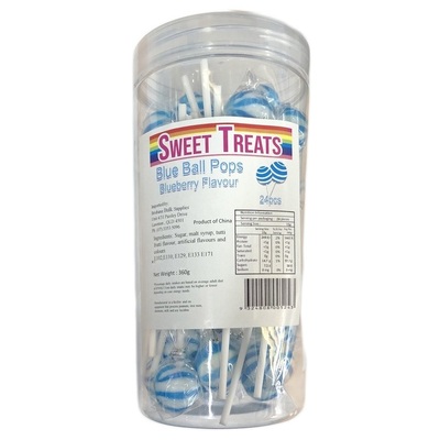 Blue Stripe Blueberry Flavour Ball Lollipops 360g (Pk 24)
