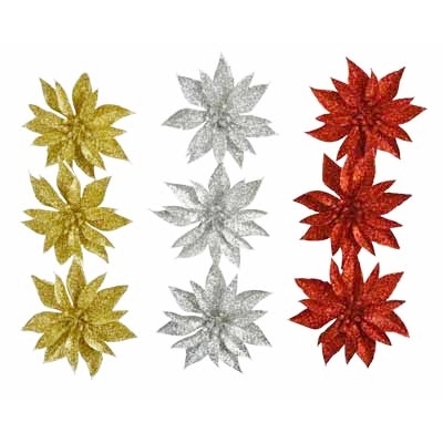 Assorted Colour Christmas Glittered Poinsettia Clips (Pk 3)
