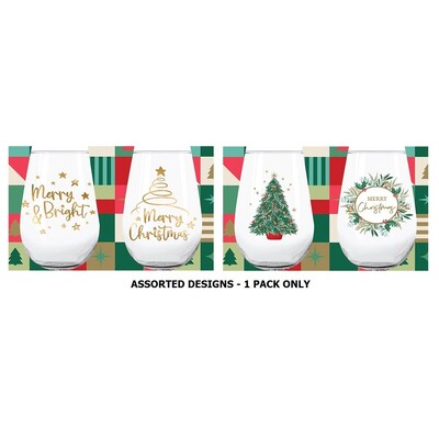 Christmas Stemless Traditional Wine Glasses Tumblers Assorted Pk 2