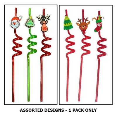Christmas Novelty Reusable Curly Straws Assorted Pk 3