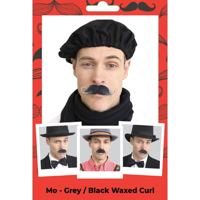 Fake Handlebar Moustache Grey Black Waxed Curl