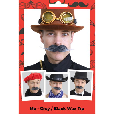 Fake Black Grey Handlebar Moustache Waxed Tips