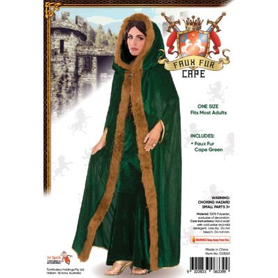 Adult Long Green Cape with Faux Fur Trim (One Size)