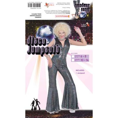 Adult Womens 70s Silver Disco Jumpsuit (M/L, 10-14)