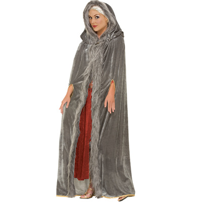 Adult Long Grey Cape with Faux Fur Trim (One Size)