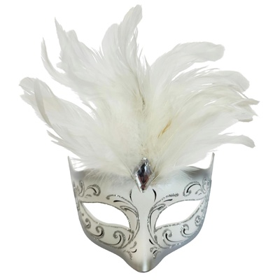 Silver Masquerade Eye Mask with White Feathers