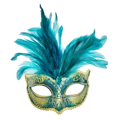 Gold & Teal Masquerade Eye Mask with Feathers