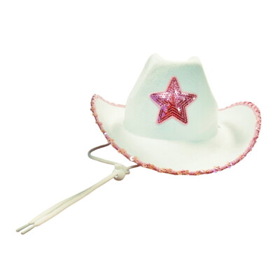 White Cowboy Hat with Pink Sequin Star & Trim