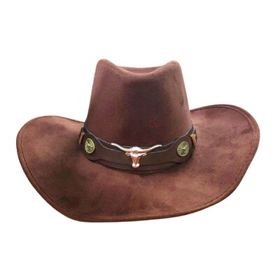 Brown Suede Cowboy Hat with Decal & Leather Band