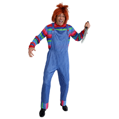 Adult Crazy Doll Jumpsuit Costume Plus Size - Denim Look Overalls with Striped Shirt Costume
