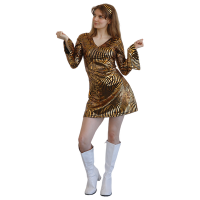 Adult Gold 70s Disco Babe Dress Costume with Headband - Women's Size 10-12