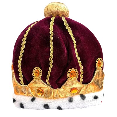 Soft Plush King & Queen Costume Crown - Burgundy & Gold Royal Fancy Dress Hat