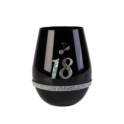 18th Birthday Black Luxe Stemless Wine Glass | Rhinestone 18th Birthday Celebration Glass