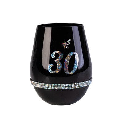 30th Birthday Black Luxe Stemless Wine Glass | Rhinestone 30th Birthday Celebration Glass