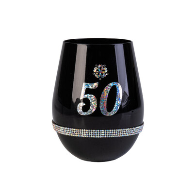 50th Birthday Black Luxe Stemless Wine Glass | Rhinestone 50th Birthday Celebration Glass