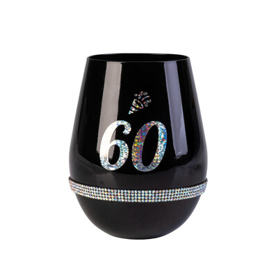 60th Birthday Black Luxe Stemless Wine Glass | Rhinestone 60th Birthday Celebration Glass
