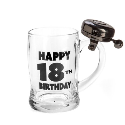 Happy 18th Birthday Glass Beer Mug with Bell (Pk 1)