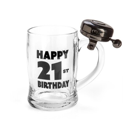 Happy 21st Birthday Glass Beer Mug with Bell (Pk 1)