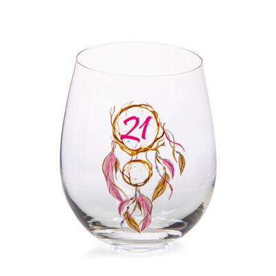 21st Birthday Dreamcatcher Stemless Wine Glass | Hand Blown Milestone Birthday Gift Glass