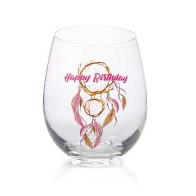 Happy Birthday Dreamcatcher Stemless Wine Glass | Hand Blown Birthday Gift Glass